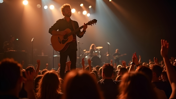 A passionate man strumming an acoustic guitar on stage under warm concert lighting