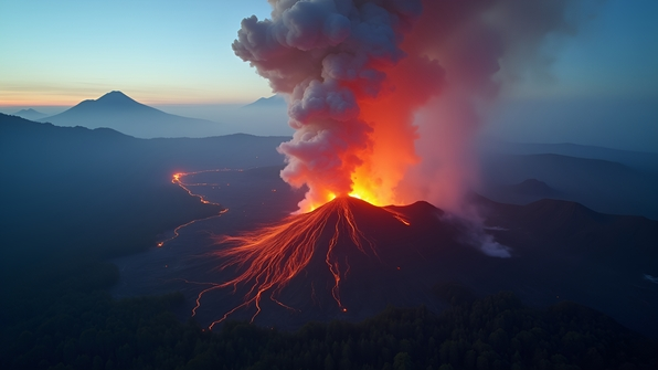 Aerial view of an active volcano with billowing smoke and glowing lava flows surrounded by rugged terrain and forest