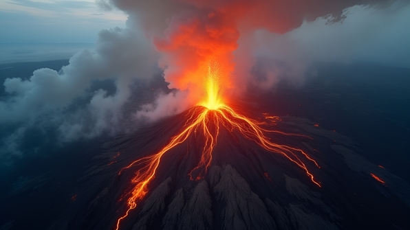 A dramatic high-angle aerial view of an active volcano eruption with flowing lava and dense smoke under a cloudy sky