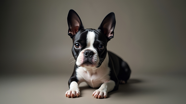 Portrait of an adult Boston Terrier sitting attentively with distinctive white and black fur