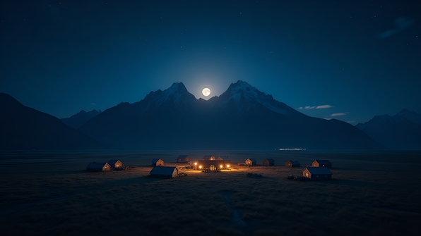 Aerial Nighttime View of Houses with Mountain Backdrop