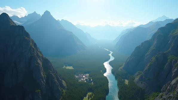 Aerial panorama of a vast mountain range with rugged peaks, lush forests, and winding rivers under a clear blue sky