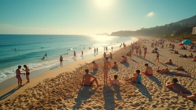 Aerial View of Beachgoers Sunbathing and Playing Volleyball