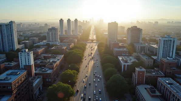 Aerial view of a bustling cityscape with diverse buildings under clear daytime skies