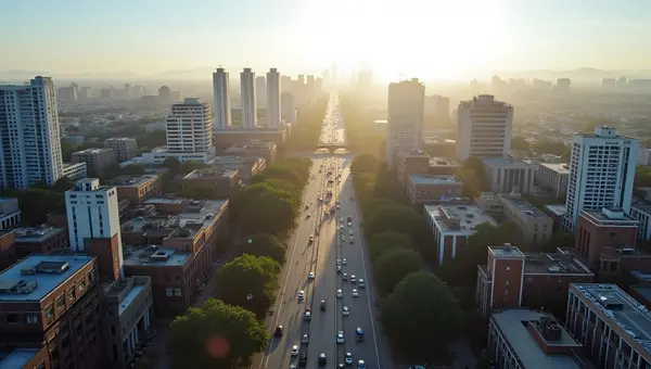 Aerial View of Bustling Cityscape With Diverse Buildings