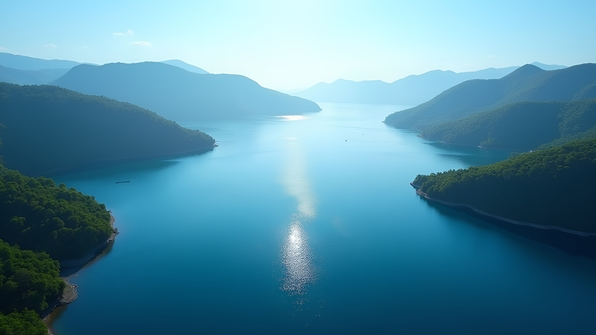 Aerial view of calm blue water with subtle ripples and natural landscape under clear skies