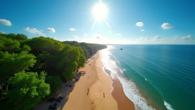 Aerial View of Coastal Landscape with Green Trees and Sandy Beach