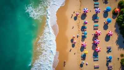 Aerial View Of Colorful Beach Umbrellas And Chairs