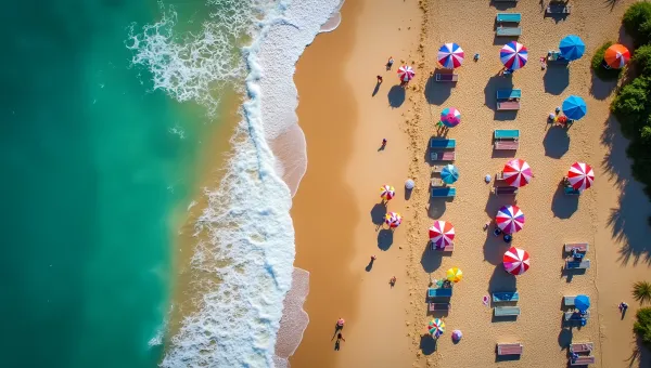 Aerial View Of Colorful Beach Umbrellas And Chairs