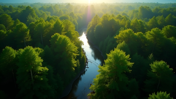 Aerial perspective of a dense forest with vibrant green treetops under bright natural sunlight