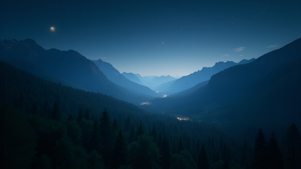 Aerial view of dense forest and towering mountains under a starry night sky with moonlight and glowing fireflies
