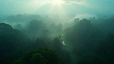 Aerial View of Dense Green Forest with Rolling Fog