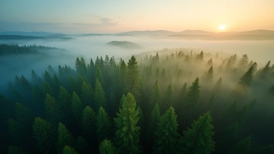 Aerial View of Dense Pine Forest in Morning Mist
