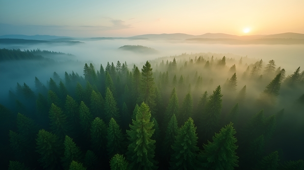 Aerial view of dense pine forest enveloped in soft morning mist with vibrant green treetops and ethereal fog