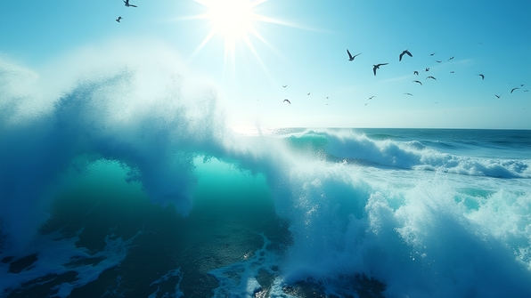 Aerial view of dynamic ocean waves crashing and swirling with white foam under bright sunlight
