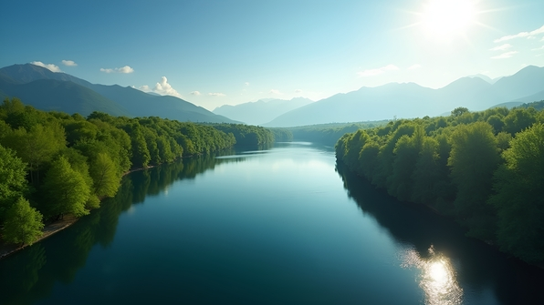 Aerial view of green trees lining the edge of calm reflective water under bright sunlight