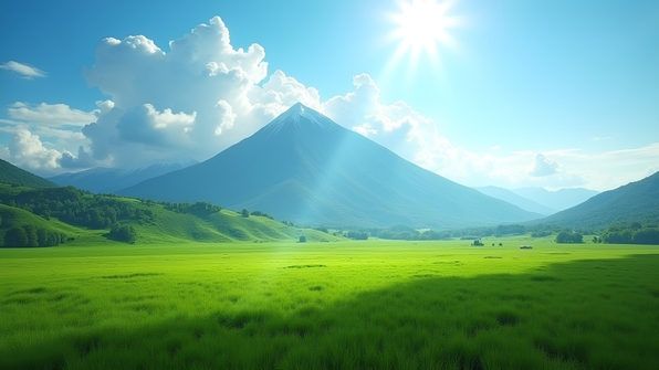 Aerial view of lush green fields with a majestic mountain backdrop under a bright blue sky