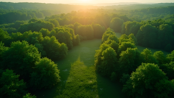 Aerial view of lush green forest canopy densely covering the landscape under bright natural sunlight