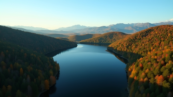 Aerial view of mixed forest of green and autumnal brown trees surrounding a calm reflective lake under clear skies