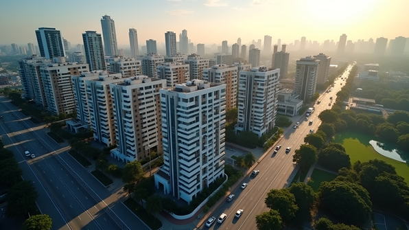 Aerial view of modern concrete multi-storey buildings under clear daytime sky