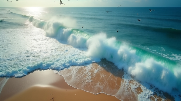 Aerial view of ocean waves crashing on a sandy shoreline with white foam and clear blue water