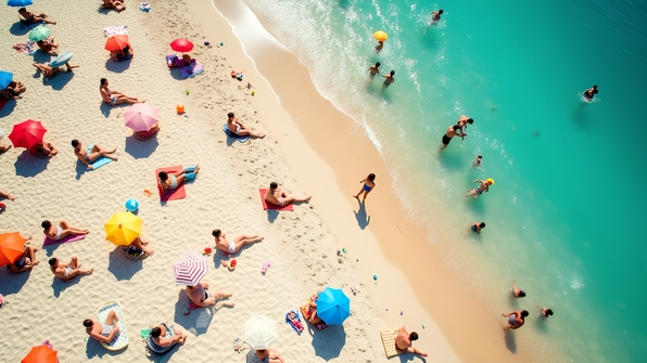 Aerial view of diverse people sunbathing, swimming, and playing on a sandy beach under a clear daytime sky