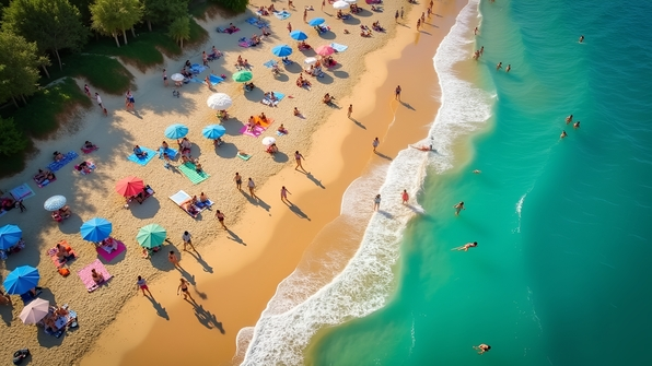 A vibrant aerial view of people enjoying a sunlit sandy beach with turquoise waters and scattered umbrellas