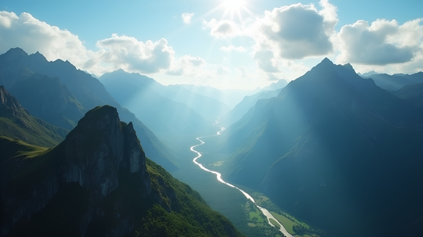 Aerial view of rugged mountain peaks under bright daytime sky with scattered clouds and lush green valleys below