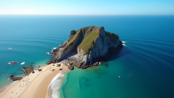 Aerial view of a rugged rock islet surrounded by clear blue ocean waters near a sandy shoreline under bright daylight