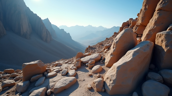 Aerial perspective showcasing a rugged terrain scattered with contrasting brown and white rocks under natural sunlight