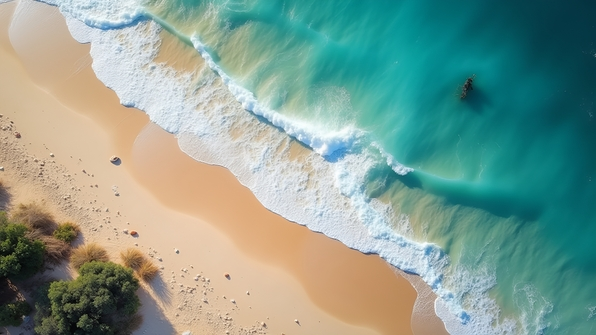 Aerial view of sandy seashore and clear blue ocean waves under bright sunlight