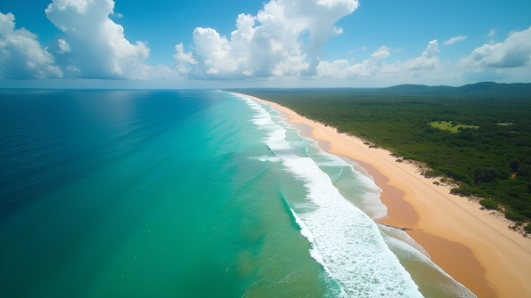 Aerial view of sandy seashore with turquoise waves gently crashing along the coast