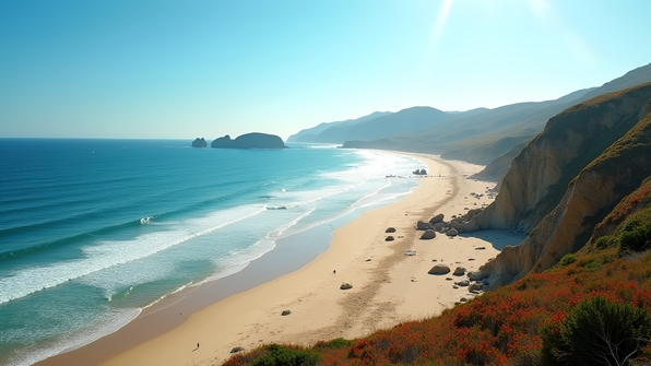 Aerial view sandy shoreline with gentle waves and coastal vegetation under blue skies
