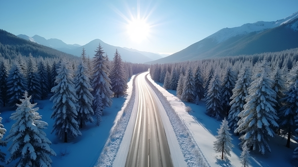 Aerial View Of Snowy Road Through Winter Trees