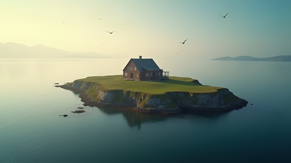 Aerial view of a solitary house nestled on a small island surrounded by tranquil reflective water under clear skies