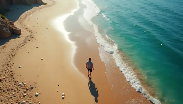 Aerial View of Solitary Man Walking Seashore