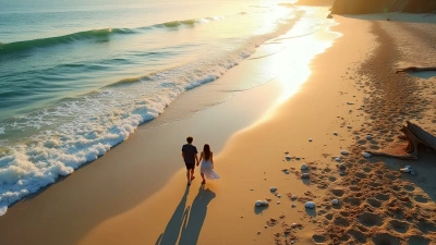 Aerial View Two People Walking Shoreline