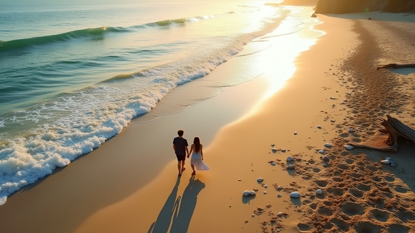 Aerial view of two people walking along a sandy shoreline with gentle waves and scattered seashells