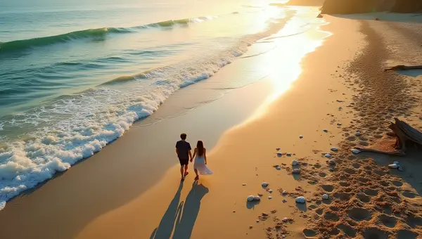 Aerial View Two People Walking Shoreline