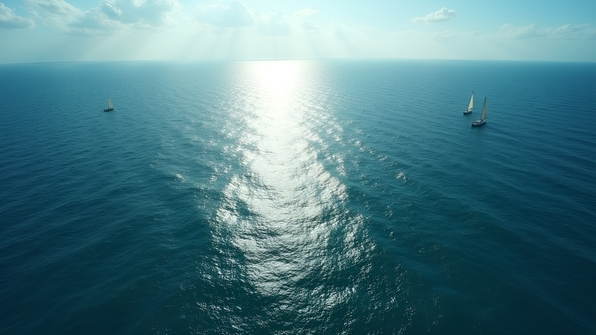 Aerial view of vast blue ocean under bright daylight with gentle waves and sunlight reflecting on water surface