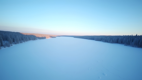 Aerial perspective of a vast frozen lake surrounded by a pristine snow-covered landscape under a clear blue sky