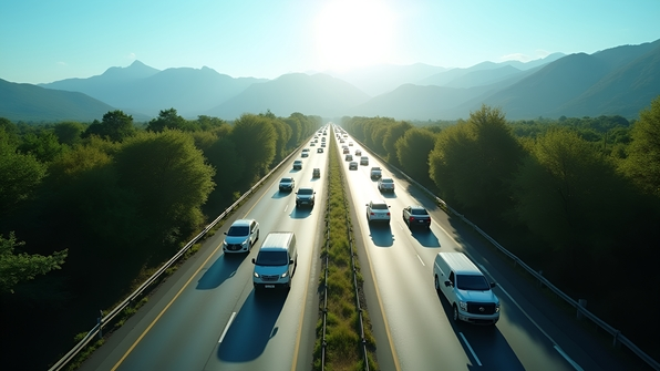 Aerial view of vehicles traveling on a multi-lane highway surrounded by greenery under clear blue skies