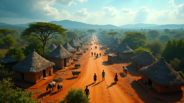 African Village Scene With Traditional Huts