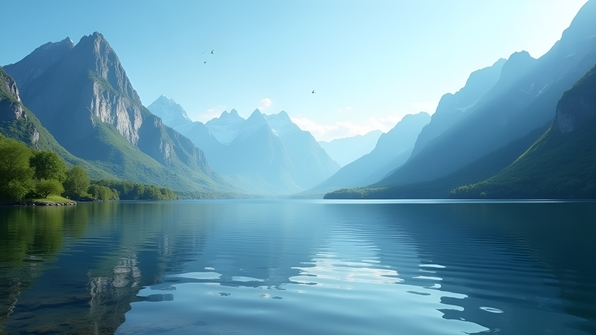 Scenic view of towering Alpine mountains reflecting on a calm lake
