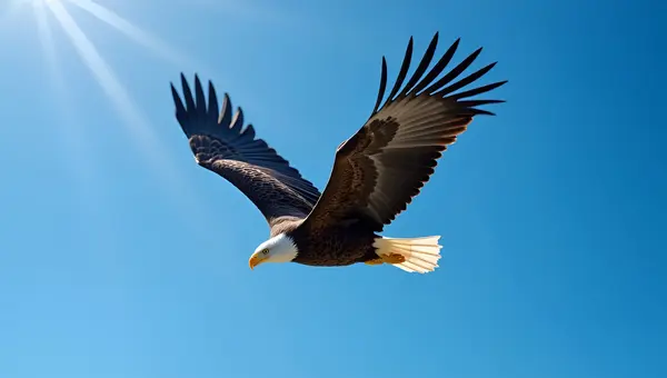 American Bald Eagle Soaring In Clear Blue Sky