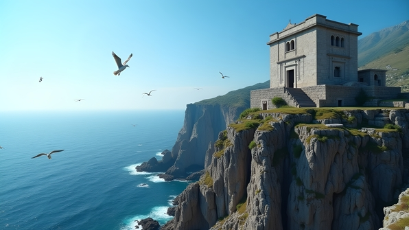 Ancient grey stone temple perched on a rugged cliff overlooking a vast calm blue sea