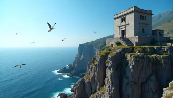 Ancient Grey Stone Temple On Cliff Overlooking Blue Sea