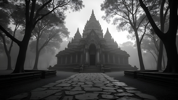 Monochrome image of an ancient temple with intricate stone carvings surrounded by misty trees under a cloudy sky