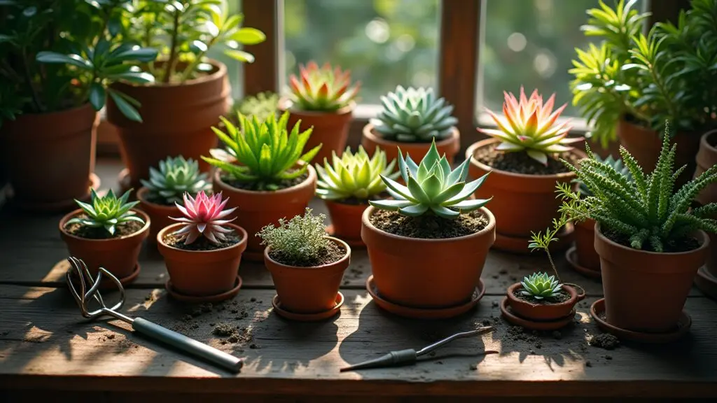 Assorted Succulents In Rustic Clay Pots