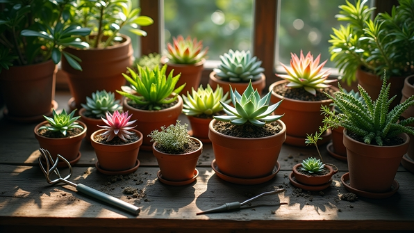 A vibrant collection of assorted succulents in rustic clay pots arranged on a wooden table with soft natural lighting